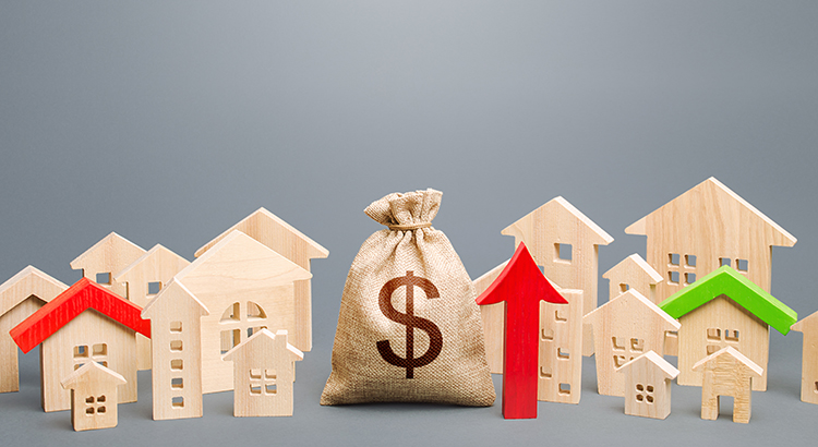 Dollar money bag and a city of house figures and red up arrow. Recovery and growth in property prices, high demand. Increase in rent. Increase in revenues to municipal budget. Investments.